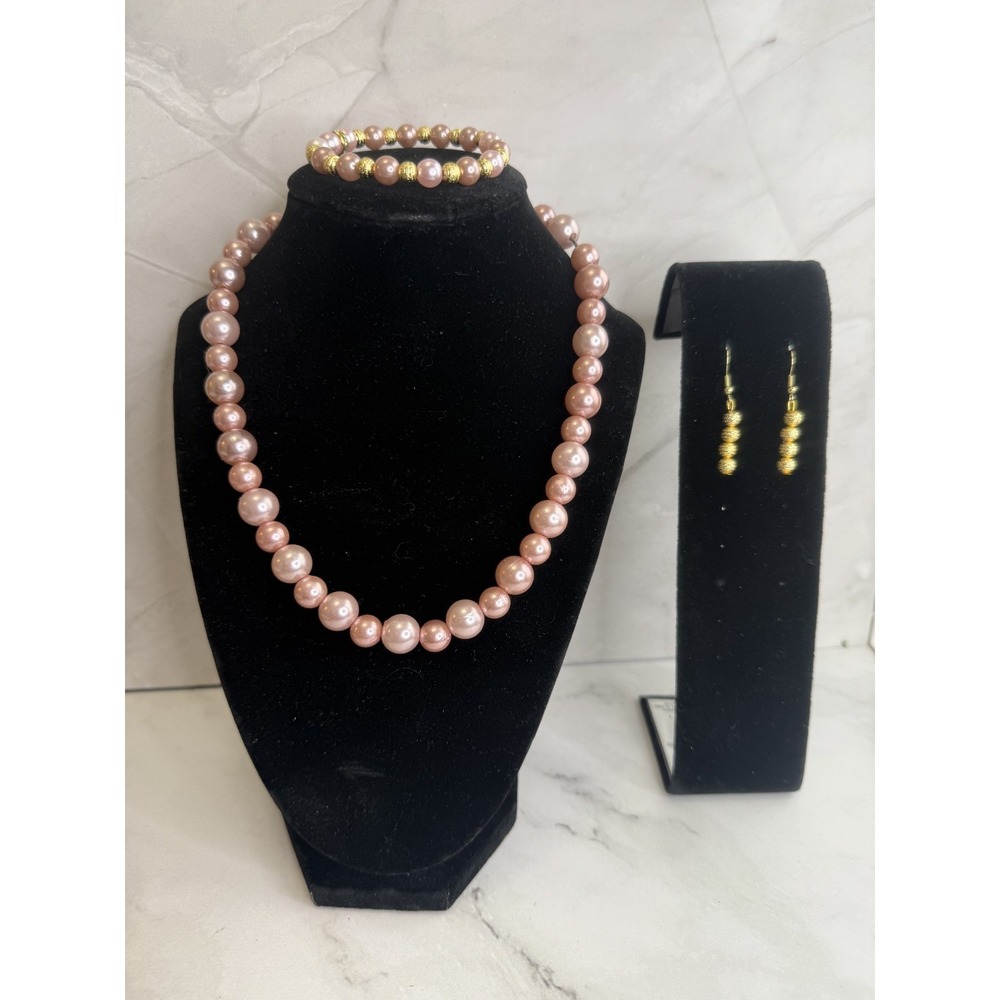 pink, pearl and gold beaded jewelry set handmade necklace, bracelet and earrings